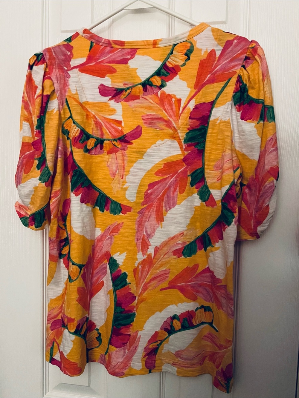 Chico's Tropical Scoop Neck Top with Orange, Pink & Green Accents